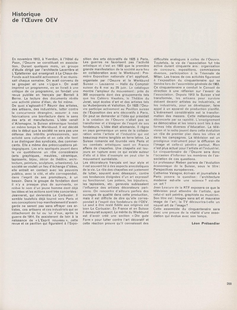 L’ historique de l'Oeuvre, OEV | Léon Prébandier