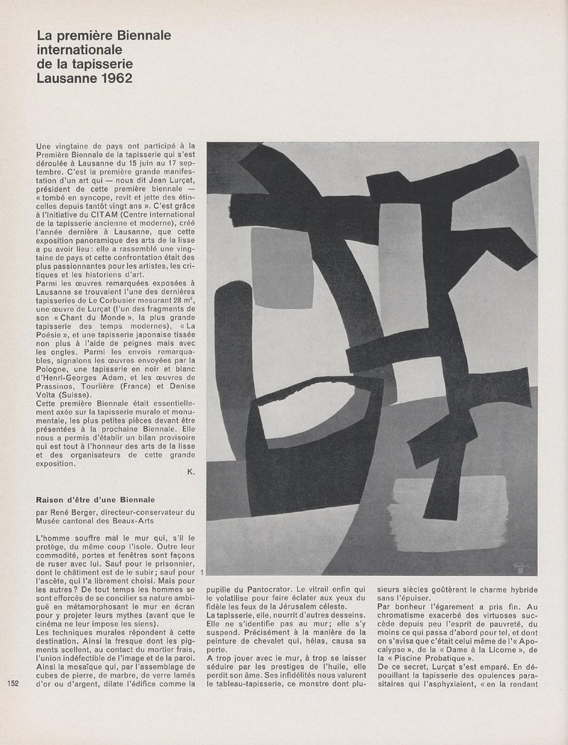 La Première Biennale Internationale de la Tapisserie, Lausanne 62 | René Berger, Jean Lurçat, Le Corbusier, R. J. Neutra