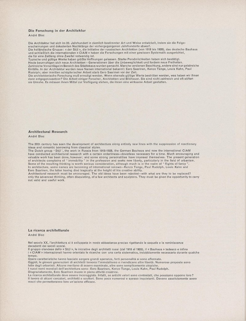 La recherche architecturale / André Bloc