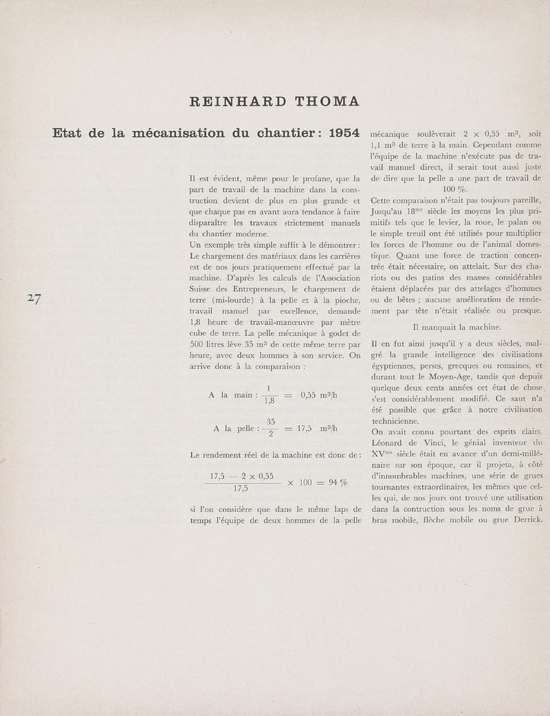 Etat de la mécanisation du chantier: 1954 | R. Thoma